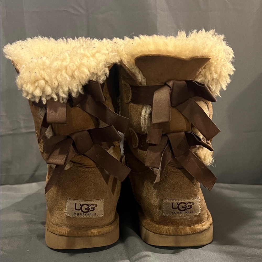 UGG Tan Shearling Boots with Ribbon Accents